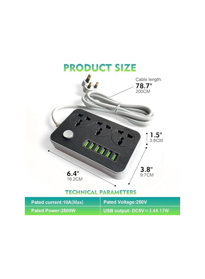 PROMASS Power Strips Extension Cord 3 Outlets, Power Socket with 6 USB Ports Universal Charging Socket with 2M Bold Extension Cord - Image 5