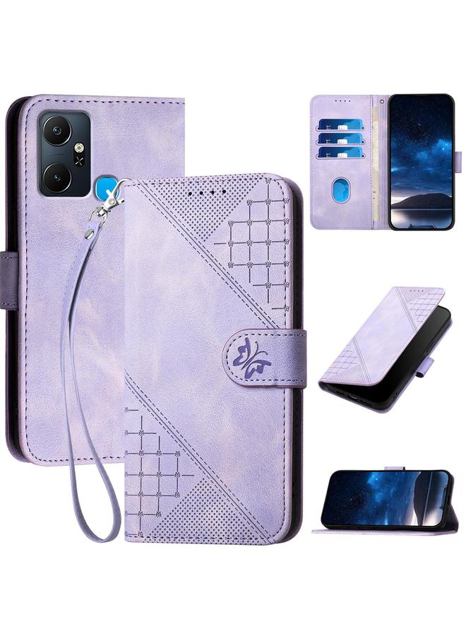 Zaboon Case For Infinix Smart 6 Plus India Grid Butterfly Embossed Pattern Leather Phone Case with Lanyard - Image 1