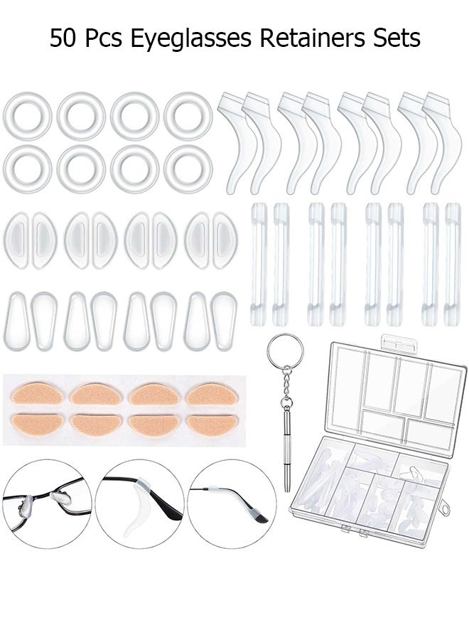 دبليو أف أف أو 50 قطعة من مجموعات حاملي النظارات، 12 زوج من وسادات الأنف اللاصقة المضادة للانزلاق للنظارات، 4 مقابض أذن دائرية، 4 خطافات أذن سيليكون، 4 أكمام أطراف النظارات - تمنع انزلاق النظارات من على الأنف، مساعد بسيط وفعّال للأطفال والكبار والرياضة والدراسة والعمل - للنظارات والنظارات الشمسية (شفافة) - Image 1