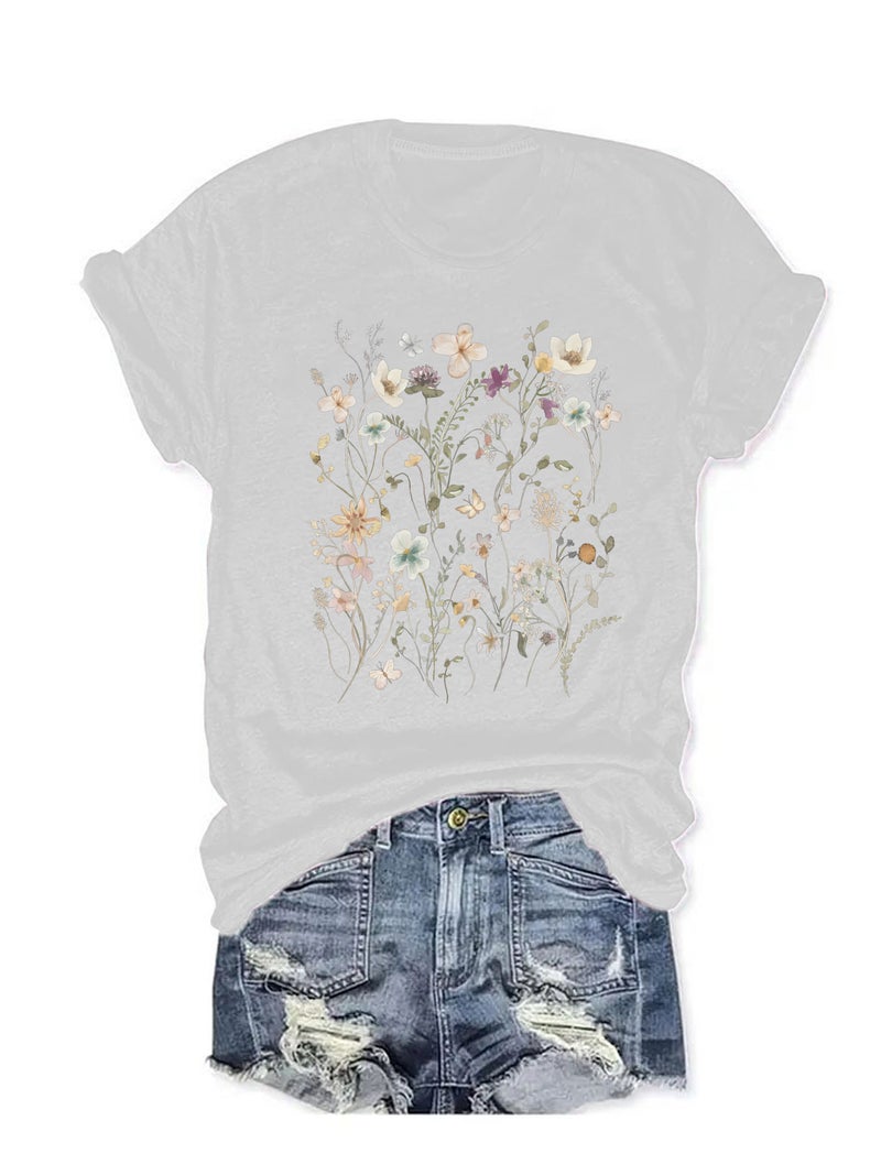 summer women's plant flower pattern printing round neck short sleeve casual fashion explosion T-shirt - Image 3