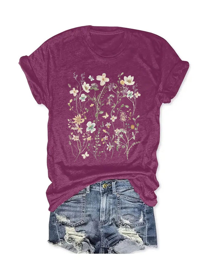 summer women's plant flower pattern printing round neck short sleeve casual fashion explosion T-shirt - Image 5