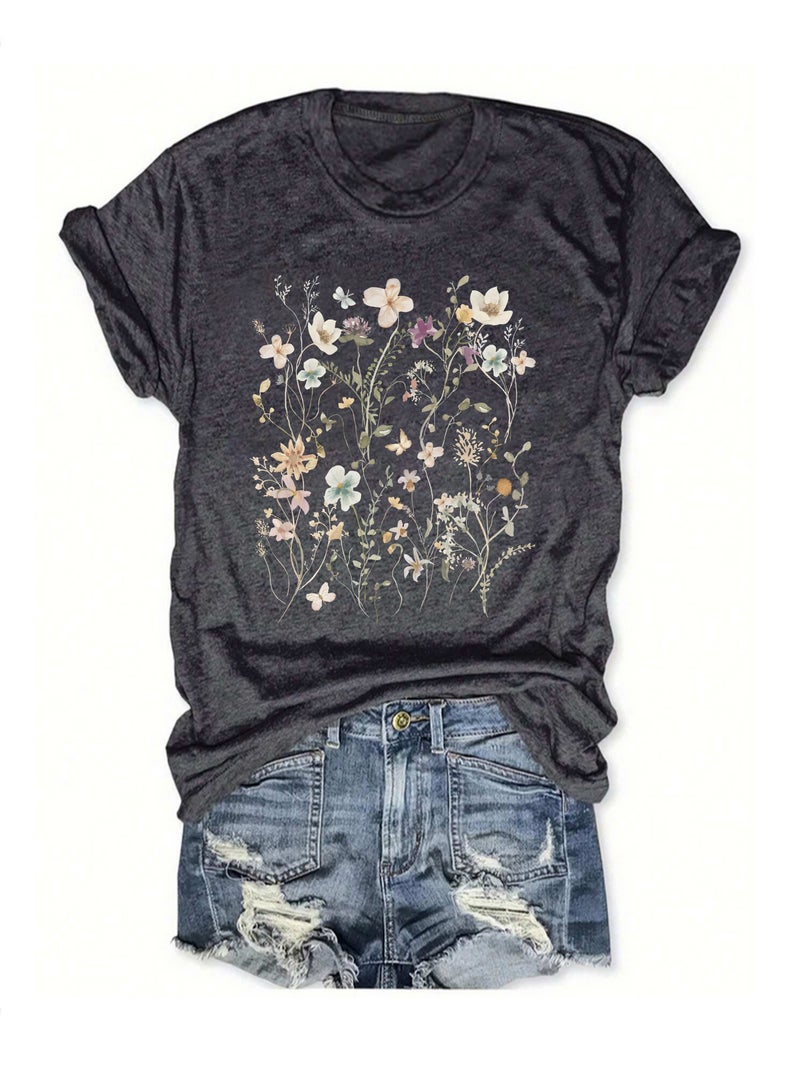 summer women's plant flower pattern printing round neck short sleeve casual fashion explosion T-shirt - Image 2