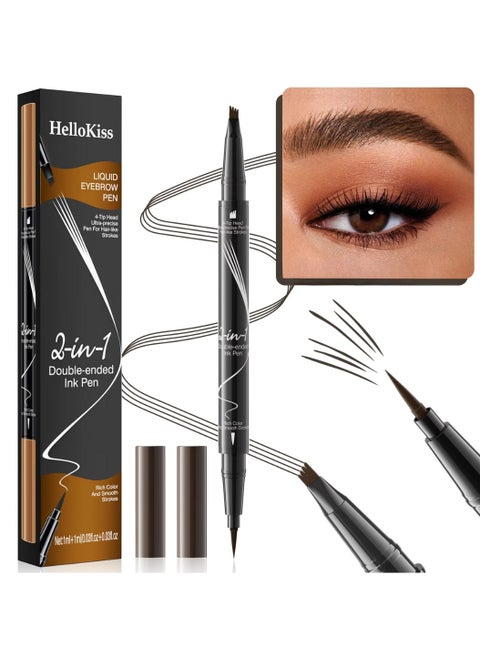Liquid Eyebrow Pen 2 in 1 Double Ended Ink Pen with Brush Tip for Hair like Strokes and 4 Fork Tip to Fill Eyebrow Waterproof Smooth Strokes Liquid Eyebrow Pencil Dark Brown 02