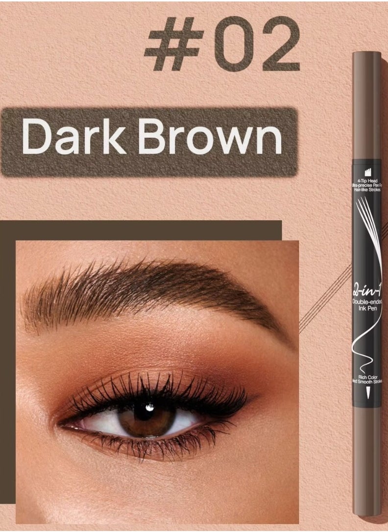 Liquid Eyebrow Pen 2 in 1 Double Ended Ink Pen with Brush Tip for Hair like Strokes and 4 Fork Tip to Fill Eyebrow Waterproof Smooth Strokes Liquid Eyebrow Pencil Dark Brown 02