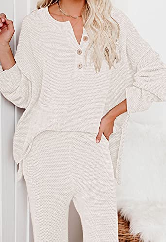 Pink Queen Women's 2 Piece Knit Sweatsuit Button Knit Pullover Sweater Top and Long Pants Sweatsuit Pajama Set Beige S - Image 5