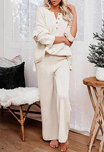 Pink Queen Women's 2 Piece Knit Sweatsuit Button Knit Pullover Sweater Top and Long Pants Sweatsuit Pajama Set Beige S - Image 3