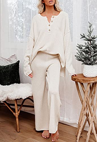 Pink Queen Women's 2 Piece Knit Sweatsuit Button Knit Pullover Sweater Top and Long Pants Sweatsuit Pajama Set Beige S - Image 2