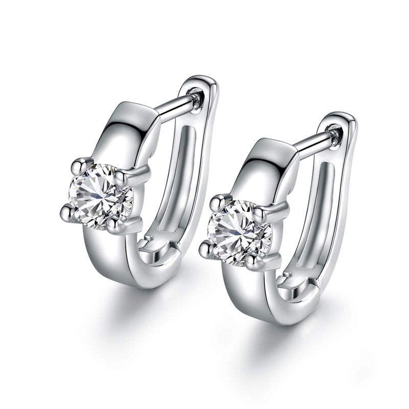 Barzel 18K Gold Plated Cubic Zirconia Huggie Earrings with One Round Stone (White Gold) - Image 2