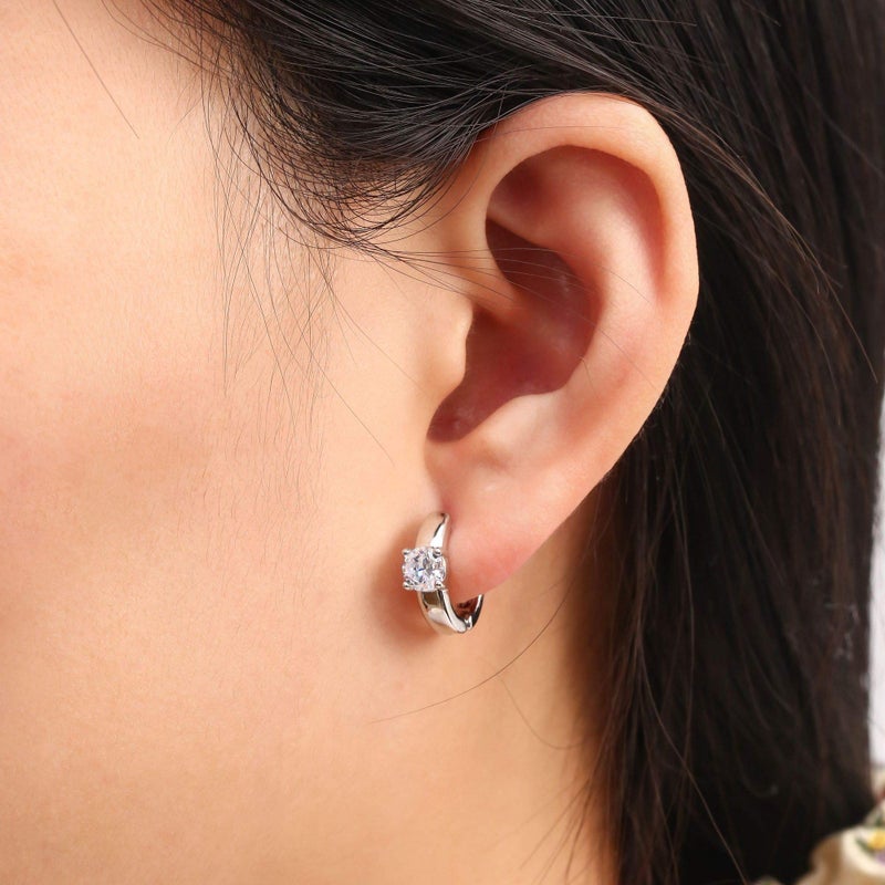 Barzel 18K Gold Plated Cubic Zirconia Huggie Earrings with One Round Stone (White Gold) - Image 3