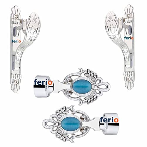 FERIO Zinc Alloy and Diamond Rajawadi Look Curtain Holder Set and Curtain Finial for Door and Window Fitting for 1 Inch Rod Chrome Finish(Curtain Support 2 Pics and Curtain Finial 2 Pics) - Image 1