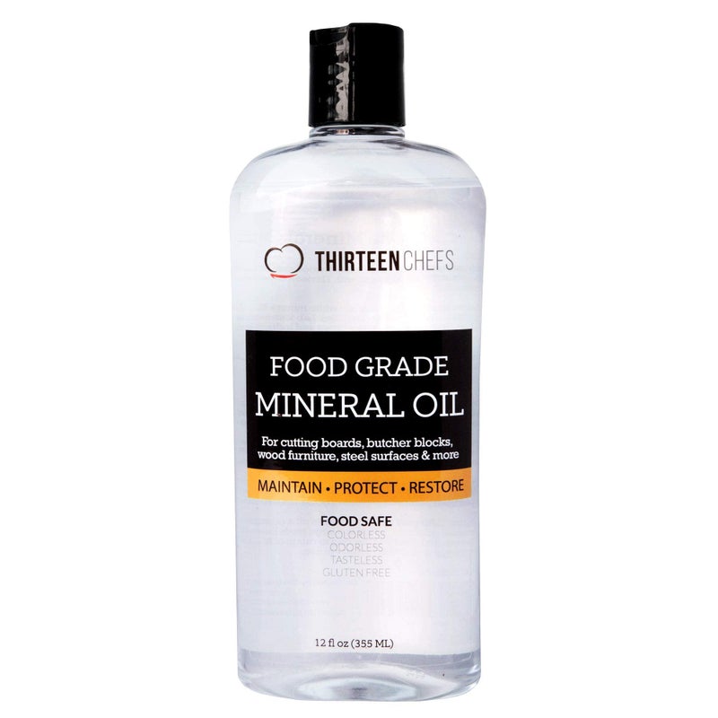 Thirteen Chefs Mineral Oil - 12oz Food Grade Conditioner for Wood Cutting Board, Countertop & Butcher Block, Lubricant for Knife or Meat Grinder - Safe USP Finish on Marble, Soapstone - Image 1