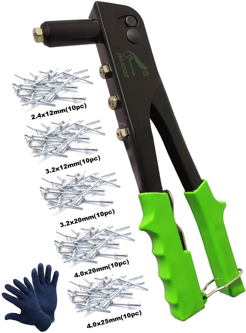 Inditrust Non Slip 10.5" Rivet Gun hand Riveter Nail Gun, Pop Riveter 10.5" Green with Rivets and Gloves (With 50 RIvets, Steel, 10.5inch) - Image 1