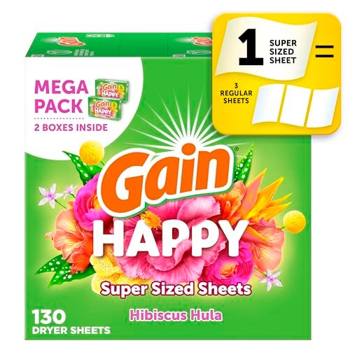 Gain Super Sized Dryer Sheets, Laundry Fabric Softener, Happy, 130 Count - Image 1