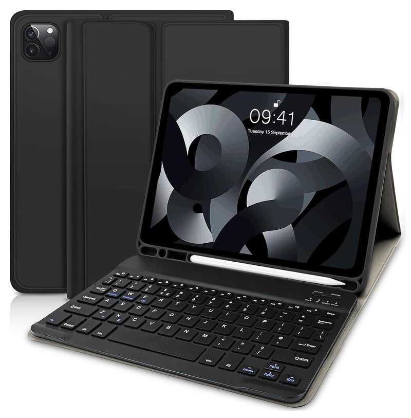 بوينوس حافظة كيبورد لايباد برو 11 انش (الجيل الرابع 2022) ايباد اير الجيل الخامس/الرابع مع كيبورد حافظة كيبورد لايباد برو 11 انش 2021 (الجيل الثالث)/الجيل الثاني/الاول - كيبورد لاسلكية - حامل قلم مدمج أسود - Image 1