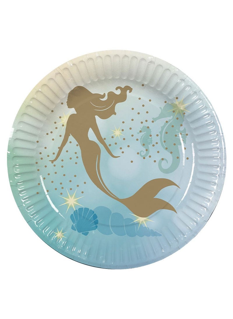 Mermaid Disposable Paper Plates Gold Blue Green Fantasy Theme 23cm 10-Pack