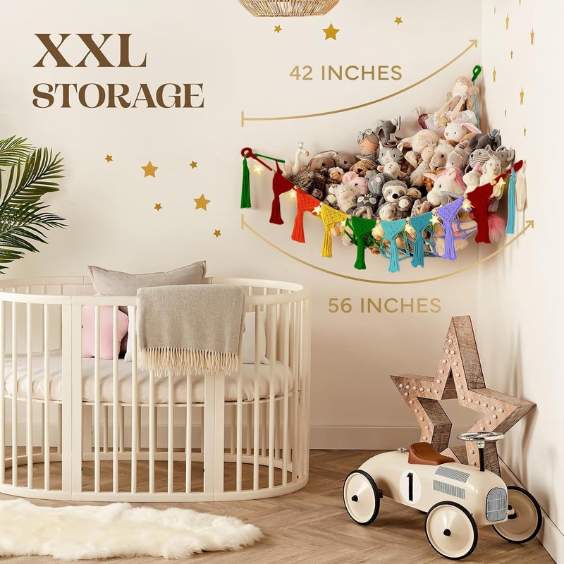 TIDYTEDS Macrame DreamLights Boho Animal Storage Net - Extra Large and Small Stuffed Animal Net or Hammock (Rainbow) - Image 5