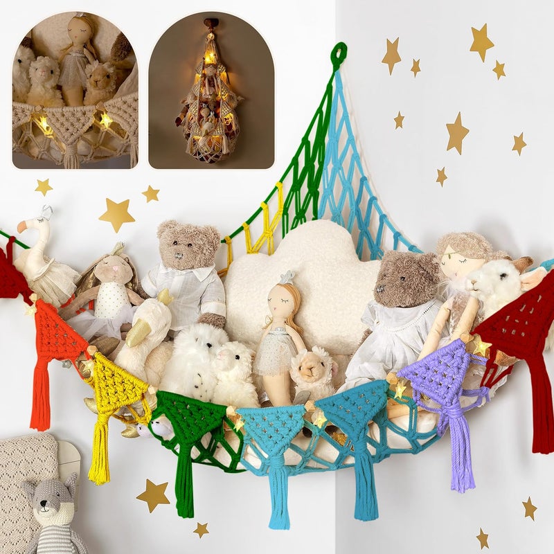 TIDYTEDS Macrame DreamLights Boho Animal Storage Net - Extra Large and Small Stuffed Animal Net or Hammock (Rainbow) - Image 1