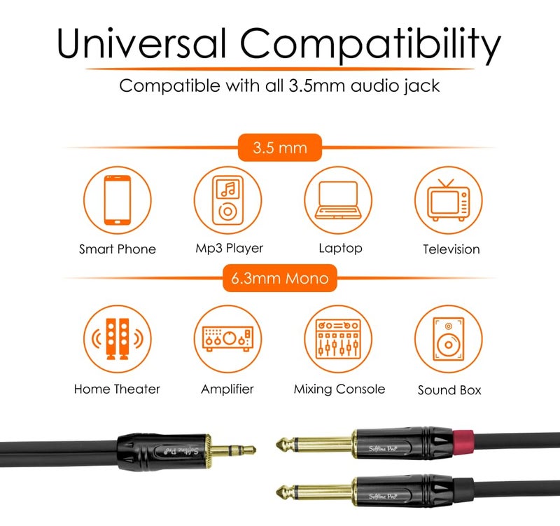 Softline Pro SPY03 3.5MM Stereo to 2 x 6.3MM Jack Mono 10 Ft/3 M Cable,Black - Image 3