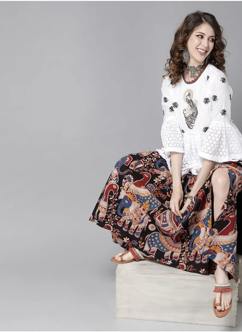 آي شين White Brown Pure Cotton Embroidered Bell Sleeves A-Line Top