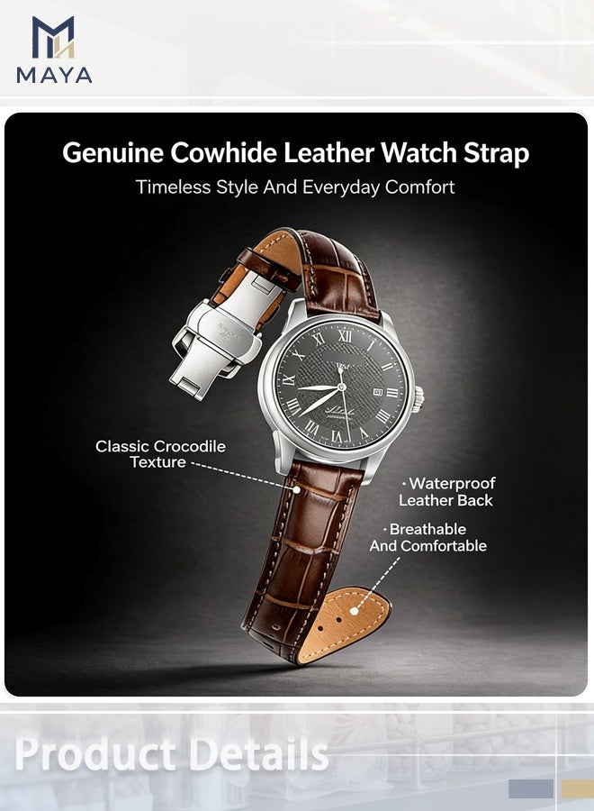 Maya 22mm Genuine Leather Watch Strap Crocodile Pattern With Deployment Clasp Tool Kit And Gift Box Brown - Image 5