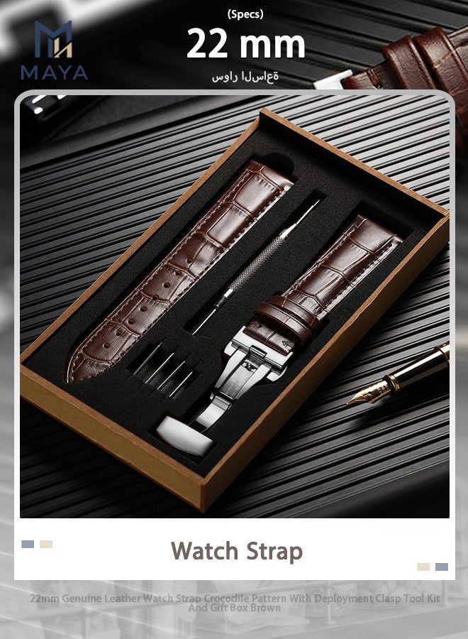 Maya 22mm Genuine Leather Watch Strap Crocodile Pattern With Deployment Clasp Tool Kit And Gift Box Brown - Image 1