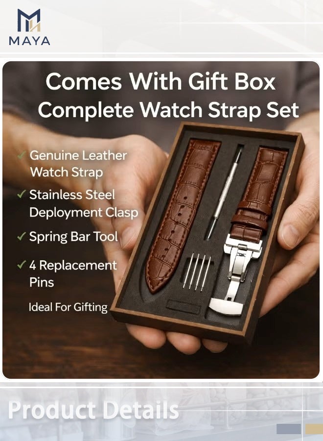Maya 22mm Genuine Leather Watch Strap Crocodile Pattern With Deployment Clasp Tool Kit And Gift Box Brown - Image 4