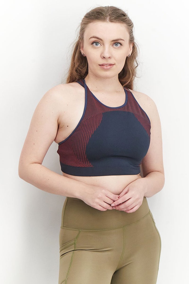 PUMA حمالة صدر رياضية للنساء بدون حشوة بتأثير منخفض، Navy و Maroon - Image 1