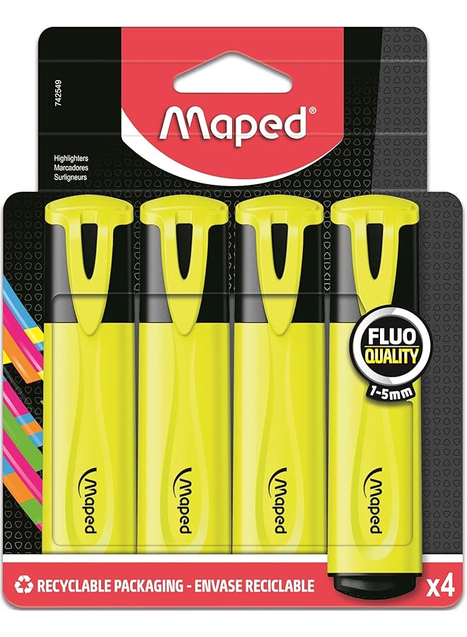 Maped Pouch Of 4 Fluo Peps Classic Highlighters Yellow Black  - Image 1