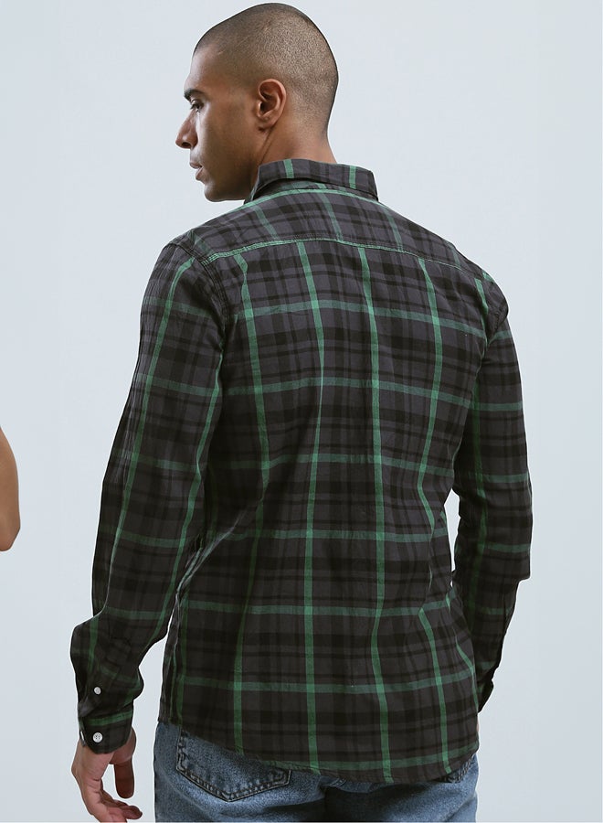 Cotton Tartan Shirt with Turn Down Collar - Black & Green
