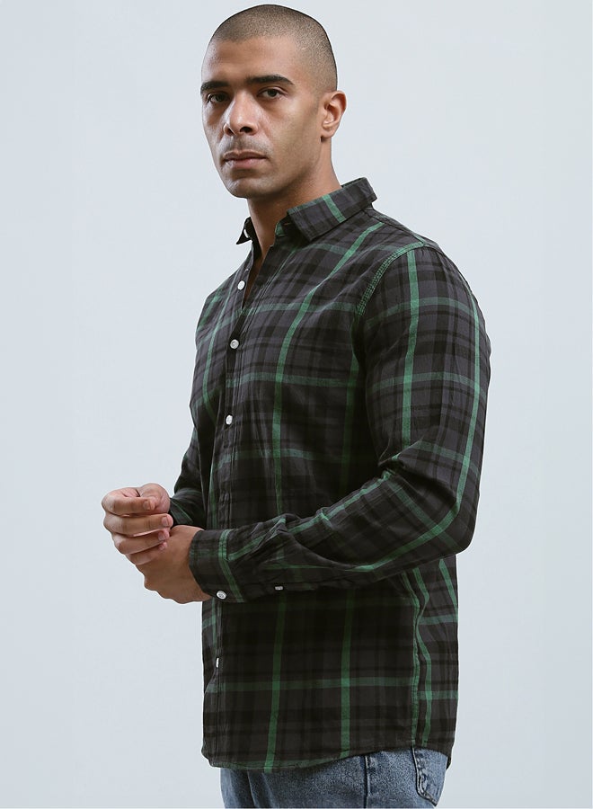 Cotton Tartan Shirt with Turn Down Collar - Black & Green