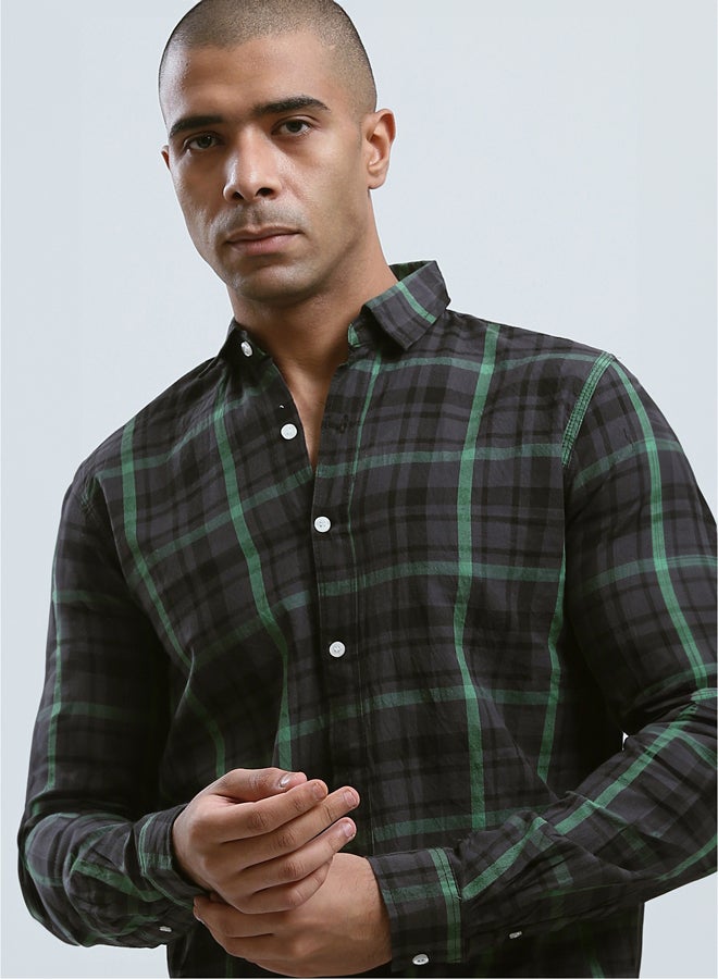 Cotton Tartan Shirt with Turn Down Collar - Black & Green