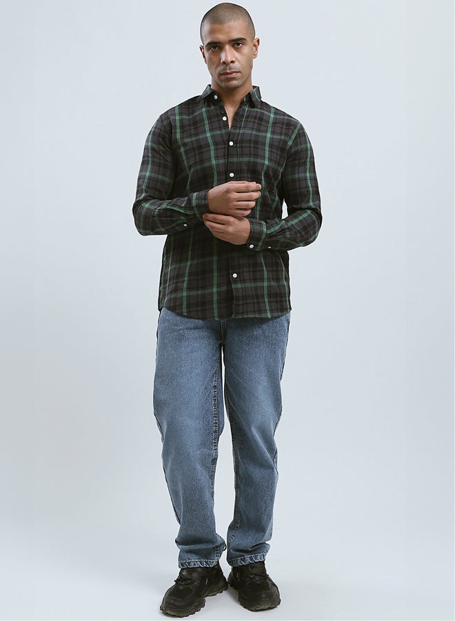 Cotton Tartan Shirt with Turn Down Collar - Black & Green