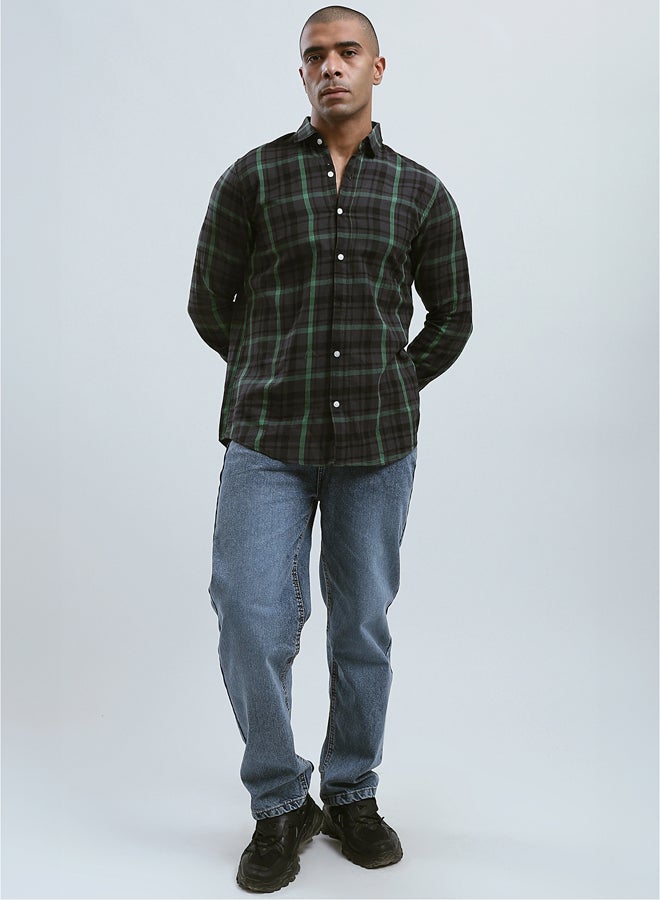 Cotton Tartan Shirt with Turn Down Collar - Black & Green