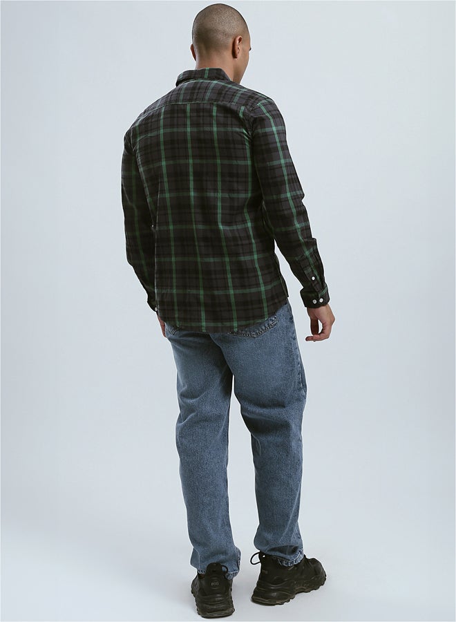 Cotton Tartan Shirt with Turn Down Collar - Black & Green