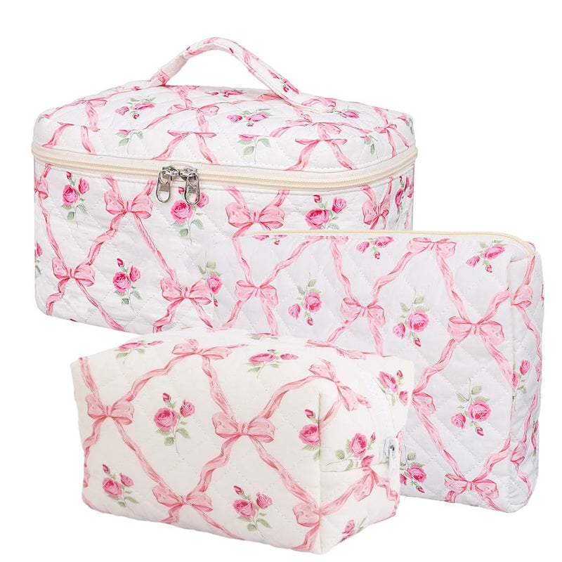 FITINI Makeup Bag Travel Large Quilted Toiletry Bag 3 Pack Portable Cosmetic Organizer Pouch with Small Brush Storage Case Zipper Waterproof for WomenPink - Image 2