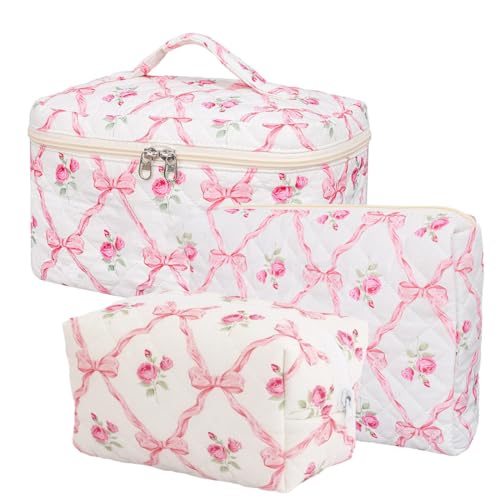 FITINI Makeup Bag Travel Large Quilted Toiletry Bag 3 Pack Portable Cosmetic Organizer Pouch with Small Brush Storage Case Zipper Waterproof for WomenPink - Image 1