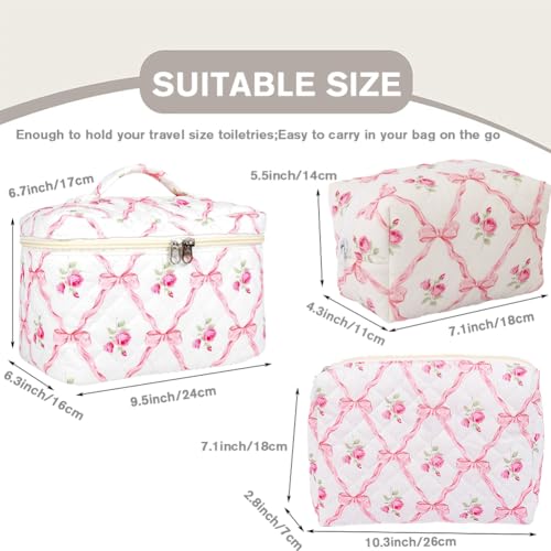 FITINI Makeup Bag Travel Large Quilted Toiletry Bag 3 Pack Portable Cosmetic Organizer Pouch with Small Brush Storage Case Zipper Waterproof for WomenPink - Image 3