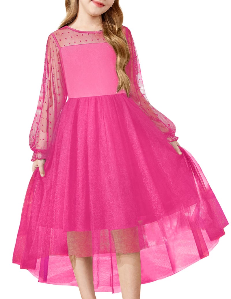 Arshiner Girls Valentines Dresses Long Sleeve Formal Party Fancy High Low Dress Hot Pink Size 6 - Image 1