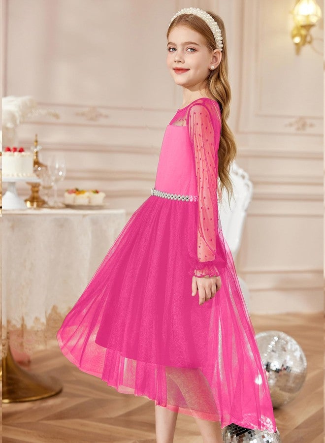 Arshiner Girls Valentines Dresses Long Sleeve Formal Party Fancy High Low Dress Hot Pink Size 6 - Image 3