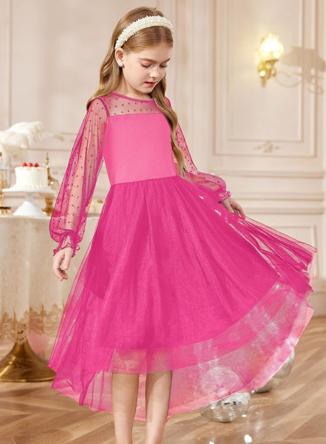 Arshiner Girls Valentines Dresses Long Sleeve Formal Party Fancy High Low Dress Hot Pink Size 6 - Image 2