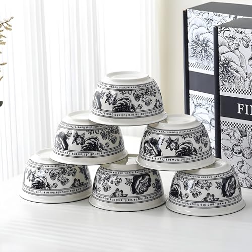 ONICORN Ceramic Bowl Set with Gift Box - 6-Piece Porcelain Bowls with Floral Print - Premium Elegant Dinnerware for Ramen, Soup, Rice, Pasta - for Home & Kitchen (Floral Printed Black, Pack of 6) - Image 2