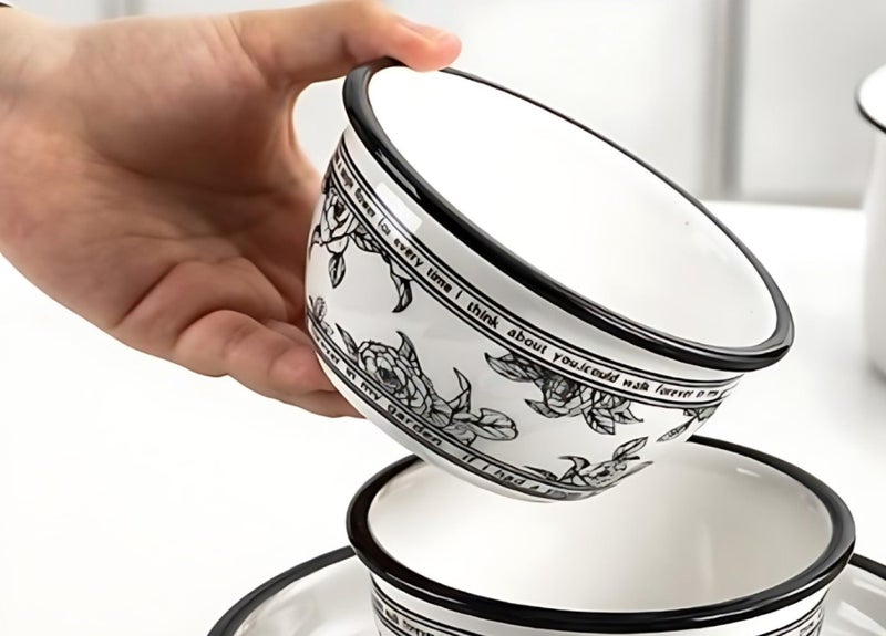 ONICORN Ceramic Bowl Set with Gift Box - 6-Piece Porcelain Bowls with Floral Print - Premium Elegant Dinnerware for Ramen, Soup, Rice, Pasta - for Home & Kitchen (Floral Printed Black, Pack of 6) - Image 3