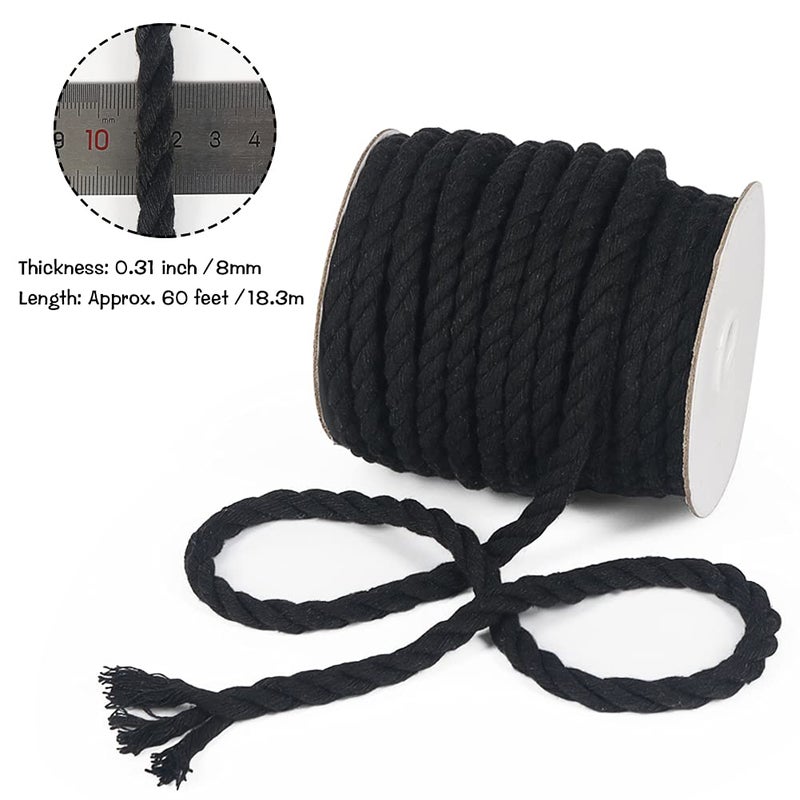 Tenn Well Black Macrame Cord 8mm, 59 Feet 3Ply Twisted Thick Cotton Rope for Crafts, Wall Hangings, Plant Hangers, Knotting, Halloween Decor - Image 4