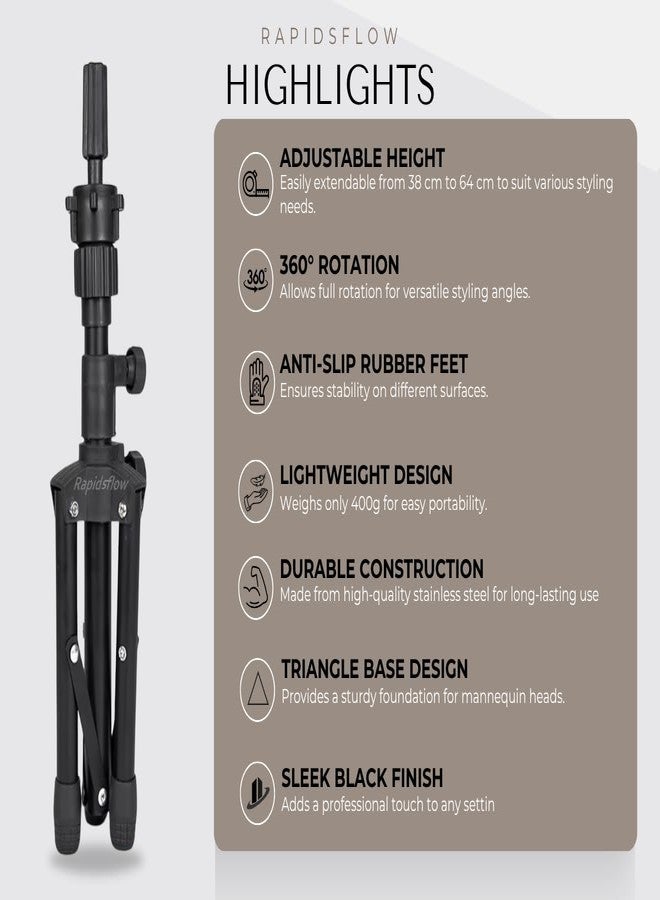 Rapidsflow Wig Tripod Stand - Sleek Black, Adjustable 38-64 cm, 360° Rotating Head, Stainless Steel Dummy Holder, Octagon Knobs, Portable Wig Stand for Salon, Home, Academy & Photography - Image 3