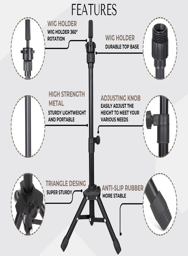 Rapidsflow Wig Tripod Stand - Sleek Black, Adjustable 38-64 cm, 360° Rotating Head, Stainless Steel Dummy Holder, Octagon Knobs, Portable Wig Stand for Salon, Home, Academy & Photography - Image 5
