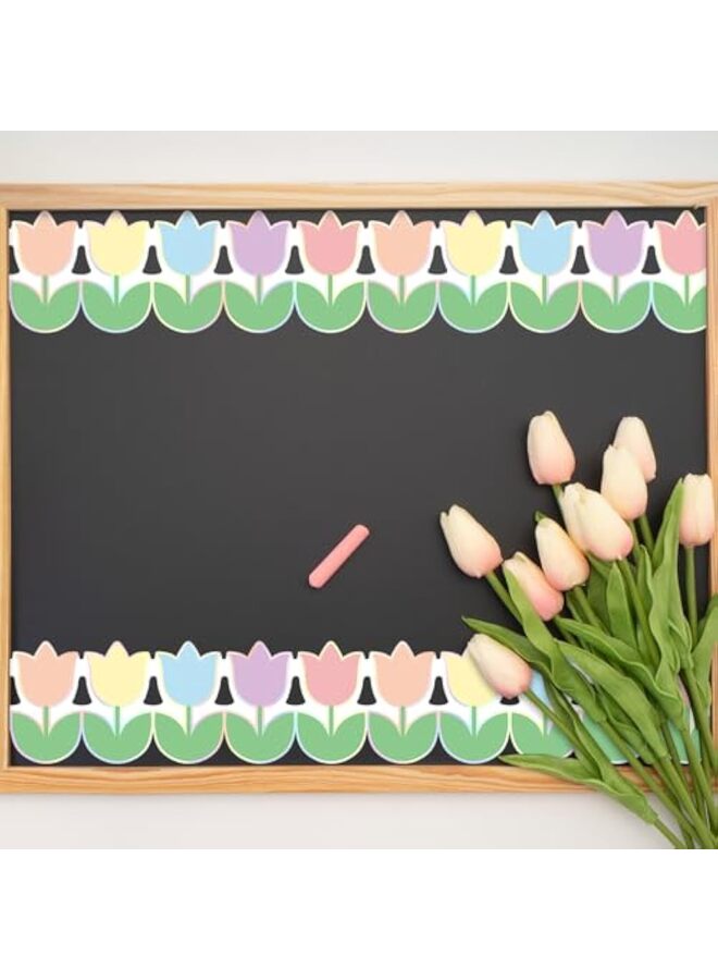 لوحة إعلانات على شكل زهرة توليب ربيعية بطول 60 قدمًا مع حافة مقطوعة بالقالب من زهور الباستيل ثلاثية الأبعاد لتزيين جدار السبورة - Image 3
