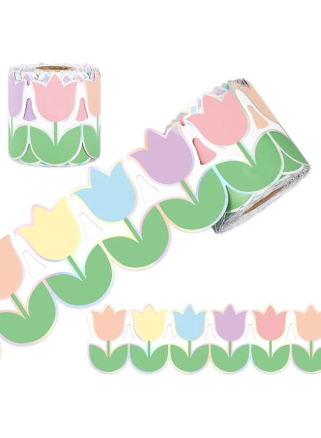 لوحة إعلانات على شكل زهرة توليب ربيعية بطول 60 قدمًا مع حافة مقطوعة بالقالب من زهور الباستيل ثلاثية الأبعاد لتزيين جدار السبورة - Image 1