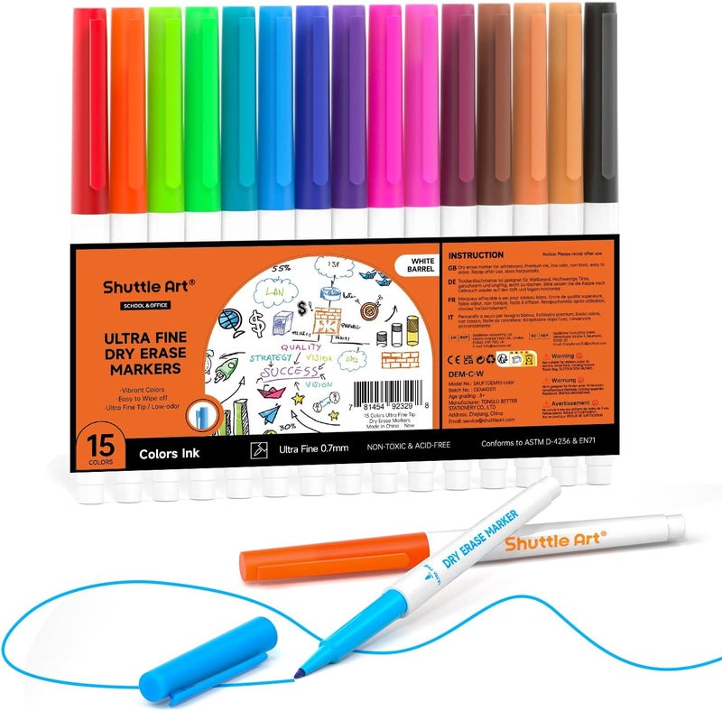 Shuttle Art Ultra Fine Dry Erase Markers, 15 Colors Whiteboard Markers with Erase, Dry Erase Markers Perfect For Writing on Whiteboards, Dry-Erase Boards,Mirrors for School Office Home - Image 1