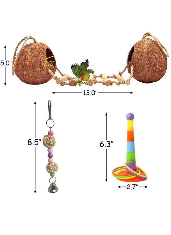 Kathson - kathson 5PCS Bird Hides Coconut Nest with Ladder Perches Hanging Parrot House Cage Natural Coconut Fiber Parakeet Chewing Toys Intelligence Training Rings for Small Budgies Cockatiels - Image 1