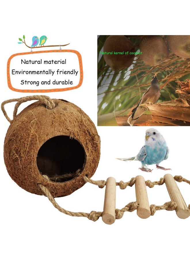 Kathson - kathson 5PCS Bird Hides Coconut Nest with Ladder Perches Hanging Parrot House Cage Natural Coconut Fiber Parakeet Chewing Toys Intelligence Training Rings for Small Budgies Cockatiels - Image 1